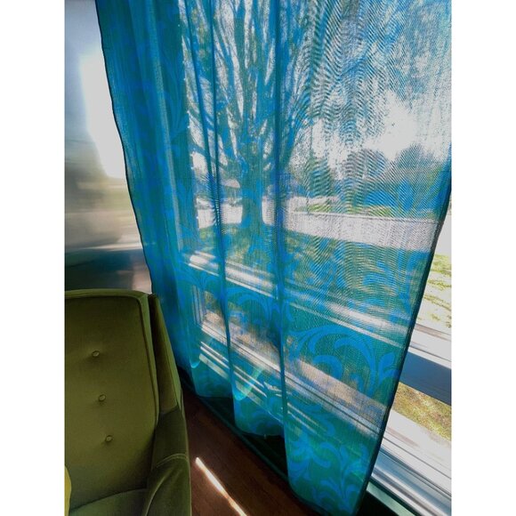 Vintage 60s curtain, blue, green jewel tones drape, shinny glossy single panel - Picture 4 of 8